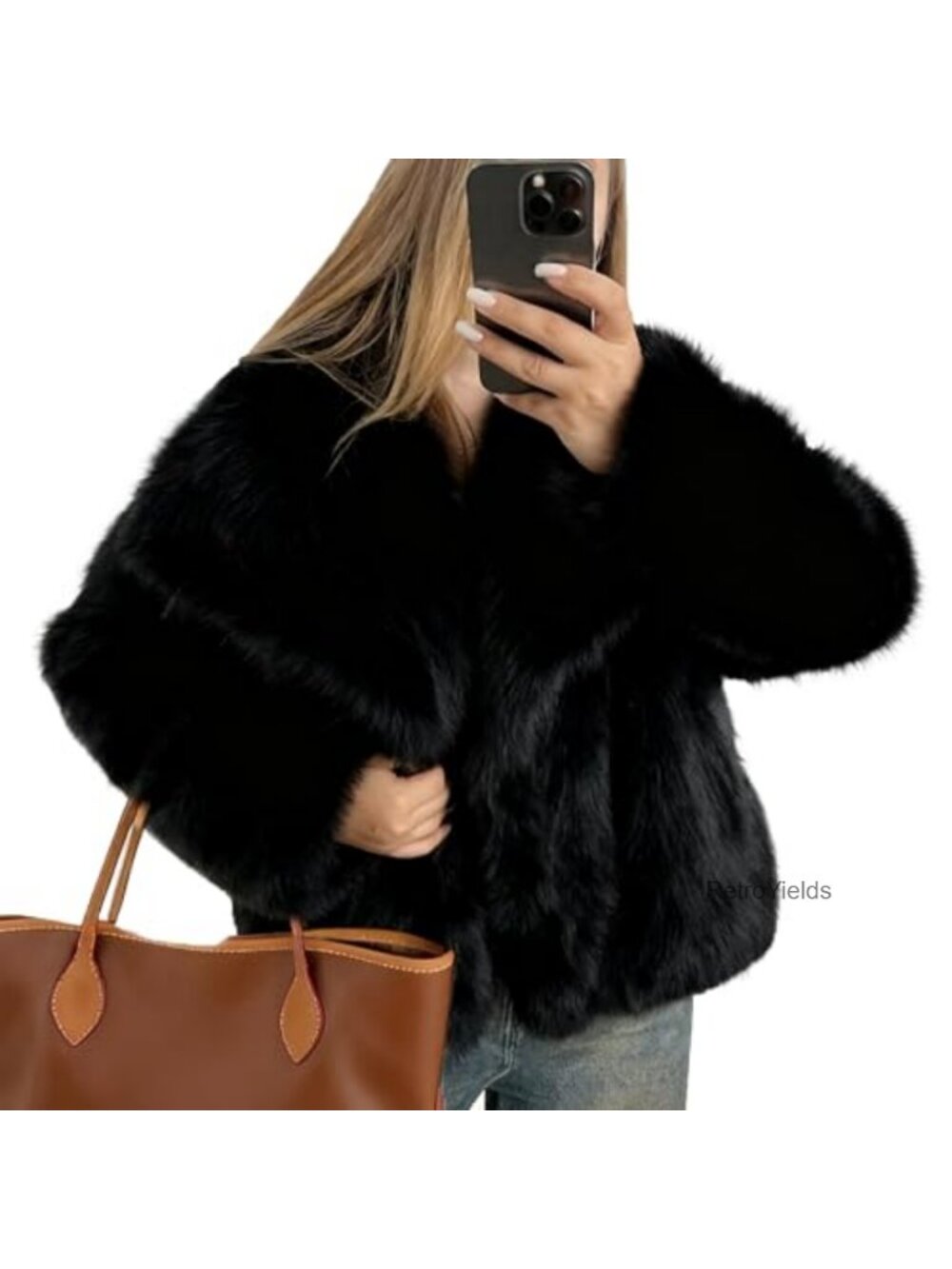 Womens Cropped Faux Fur Coat Open Front Long Sleeve Furry Jacket Pockets